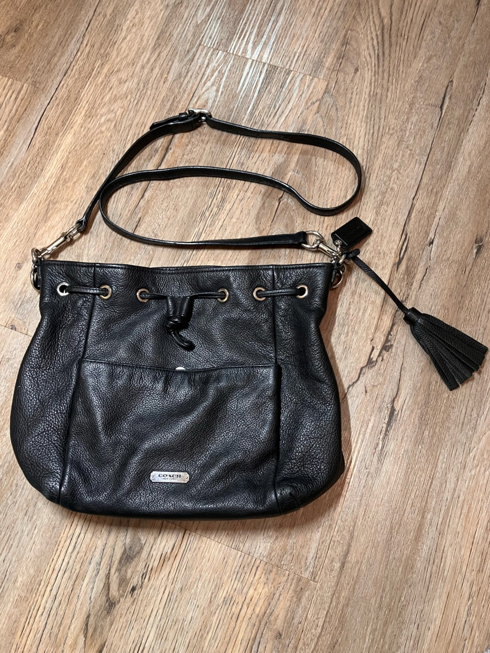 Coach Avery Black Pebbled Leather Drawstring Crossbody Bucket Bag F27003